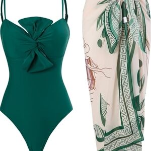 Emerald Green Twist-Front One-Piece Swimsuit with Printed Sarong